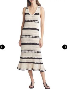 Striped Crochet Midi Dress in Cream and Black